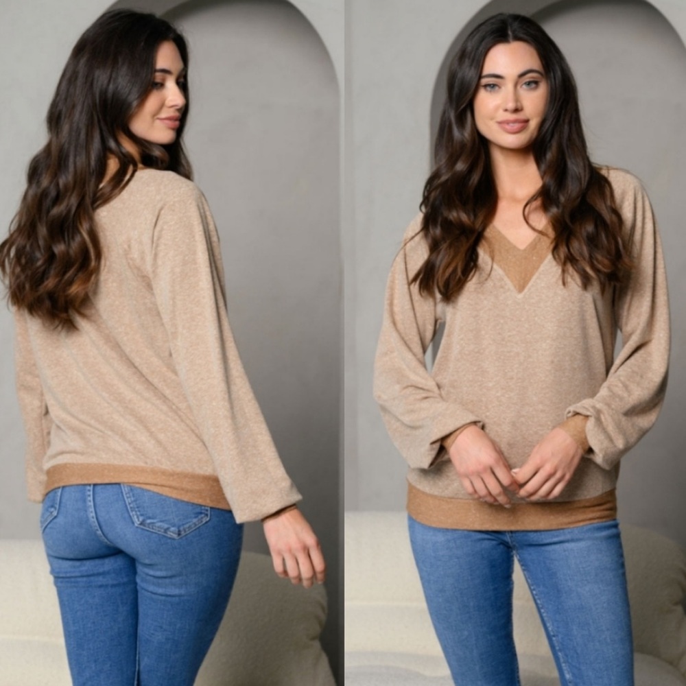 Heather Brown V-Neck Pullover Long Sleeve Top